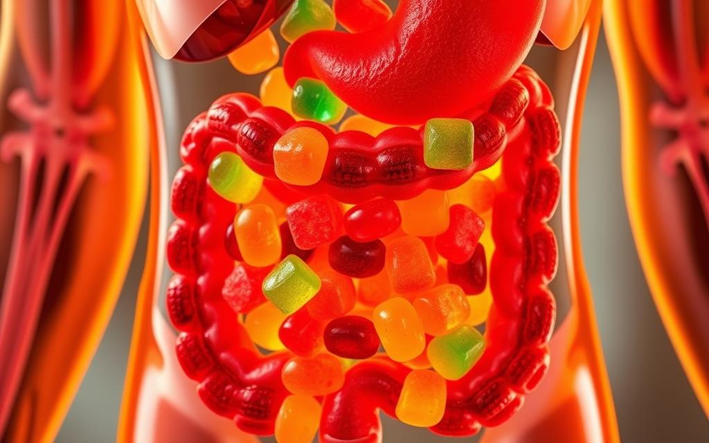 A detailed cross-section of a human digestive system, showcasing the inner workings of weight loss gummies and their metabolic process. The gummies are prominently displayed, their outer coating dissolving to reveal their active ingredients. Vibrant colors and intricate details illustrate the gummies' journey through the stomach, intestines, and liver, highlighting the complex chemical reactions that help boost metabolism and burn stubborn belly fat. Warm lighting casts a natural glow, while a clean, scientific aesthetic conveys the effectiveness and precision of this weight loss solution. The image strikes a balance between educational and visually captivating, perfectly suited to illustrate the article's section on how weight loss gummies work.