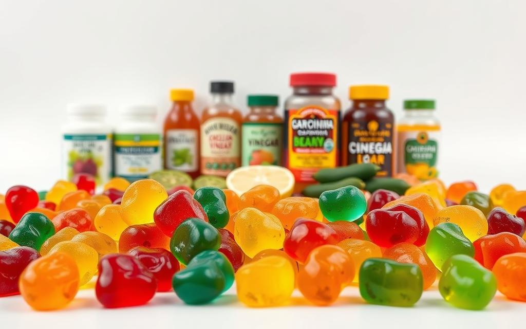 A meticulously arranged still life featuring a selection of colorful, gelatinous weight loss gummies in the foreground. The gummies are set against a crisp, minimalist white background, allowing their vibrant hues and translucent textures to take center stage. The lighting is soft and diffused, creating a warm, inviting atmosphere that highlights the gummies' natural allure. In the middle ground, various supplements and superfoods associated with effective weight loss, such as green tea extract, garcinia cambogia, and apple cider vinegar, are neatly displayed, creating a sense of balance and harmony. The overall composition conveys a sense of wellness, efficiency, and the promise of transformation, alluding to the gummies' potential to help shed unwanted belly fat.
