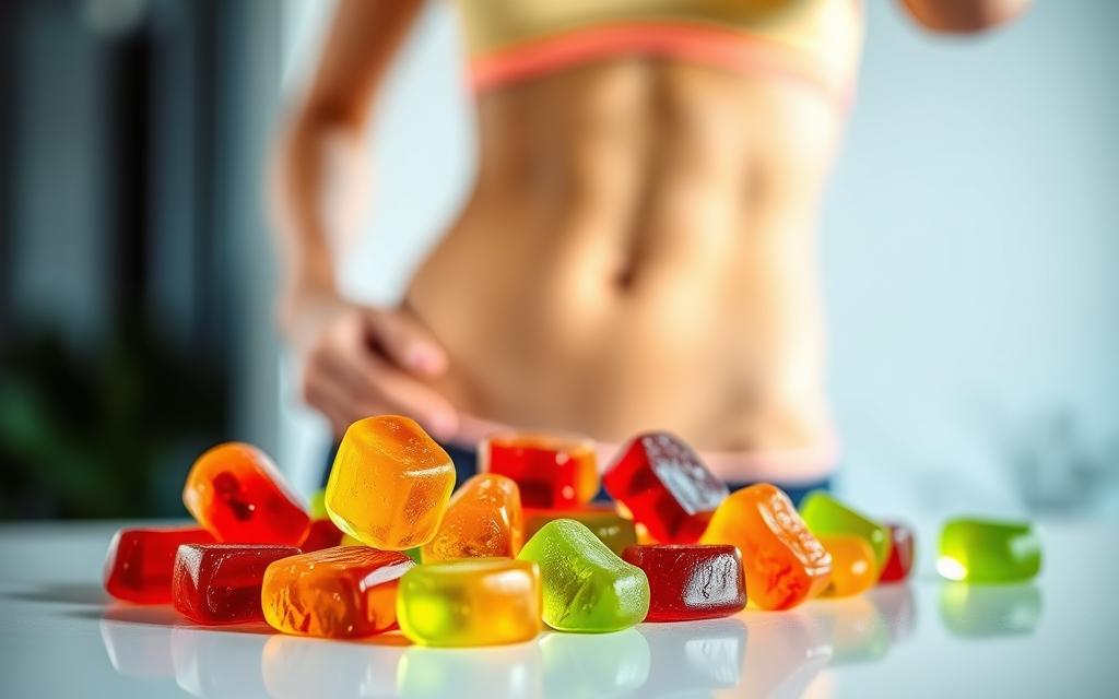 A set of vibrant keto gummies resting on a sleek, modern surface, with a blurred background showcasing a slimmer, more toned figure in the foreground. The gummies are artfully arranged, their rich colors and gummy texture capturing the viewer's attention. Soft, directional lighting accentuates the contours of the gummies, creating a sense of depth and dimension. The overall scene conveys a feeling of health, vitality, and the transformative power of keto gummies for weight loss.